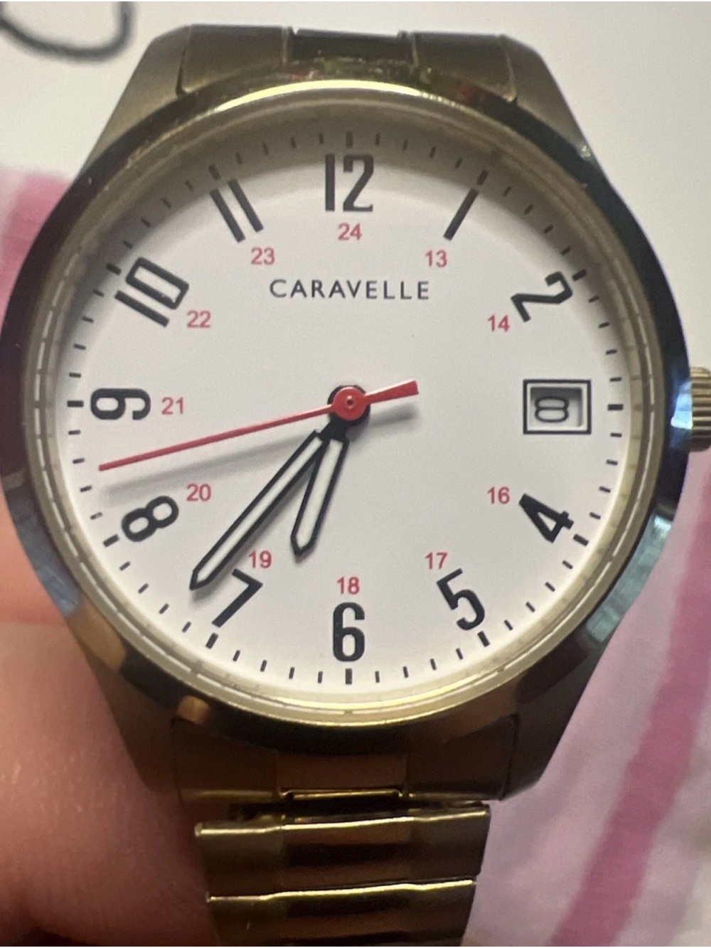 Bulova Caravelle Gold and White Watch with Red Second Hand